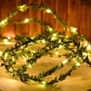 Caja de batería Solar de alambre de cobre, luces led de mimbre de hojas verdes de simulación de fiesta, decoración de Navidad