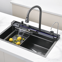 Évier de cuisine intelligent multifonction en acier inoxydable noir de luxe avec cascade moderne