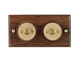 Double Two Gang One Way Dark Walnut Wood Surface Mounted Metal Retro Brass Toggle Wall Switch for Home Appliance