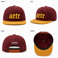 Casquette de baseball personnalisée bordeaux à visière plate, 6 panneaux, snapback, brodée, en daim, visière moutarde, réglable, vente en gros, OEM, faible MOQ