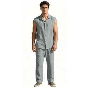 Ensemble 2 pièces <span class=keywords><strong>chemise</strong></span> sans manches boutonnée et <span class=keywords><strong>pantalon</strong></span> en mélange de lin pour <span class=keywords><strong>homme</strong></span> Sehe Fashion - Product Image 5