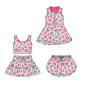 ชุดเดรสเด็กผู้หญิงลายสก็อตสีชมพูแตงโมแบบสบายๆ ระบายอากาศได้ดี ผ้าวอร์สเตด ซิปหน้า พร้อมกระโปรงและกางเกงขาสั้นซับใน - Product Image 1