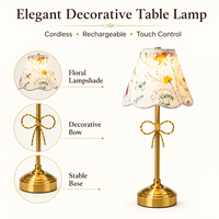 Lámpara de Mesa LED Recargable Inalámbrica con Decoración de Lazo y Pantalla Floral Dorada, para Iluminación Ambiental en Dormitorios y Salas de Estar, Venta al Por Mayor