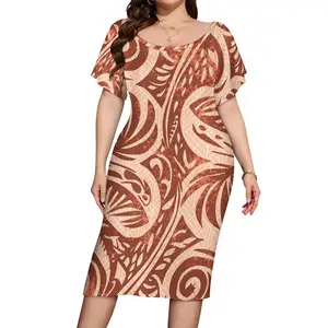 2024 Hot Sales Polynesian Elei Tribal Design Custom Fashion Trendy Casual Sexy Close-fitting Off-Shoulder Trumpet Sleeve Dress