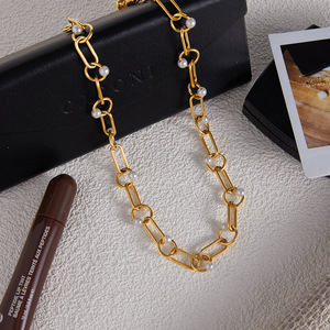 Collana di perle in <span class=keywords><strong>acciaio</strong></span> inossidabile oro per donna Catena chirurgica in <span class=keywords><strong>acciaio</strong></span> 316L con perle bianche distanziate eleganti gioielli quotidiani - Product Image 4