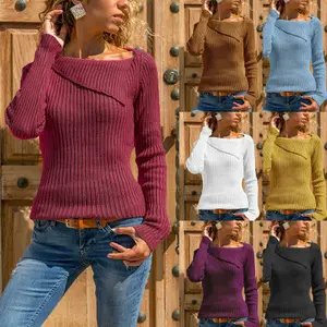 Commercio All'ingrosso Poliestere Filato di Copertura Sottile di Colore Giallo di Modo Delle Donne Scoop Neck Sweater