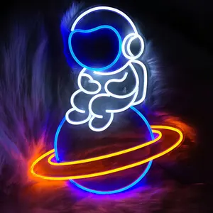 Astronauta Sentado no Planeta LED Neon Sign Light Wall Quarto House Game Room Decor Planet Sign Nave espacial para crianças Adolescentes Gift