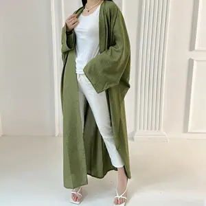 Linen Abaya Cardigan Kimono Dubai Solid Color Plain Abaya Muslim Dress Open Abaya for Islamic Clothing