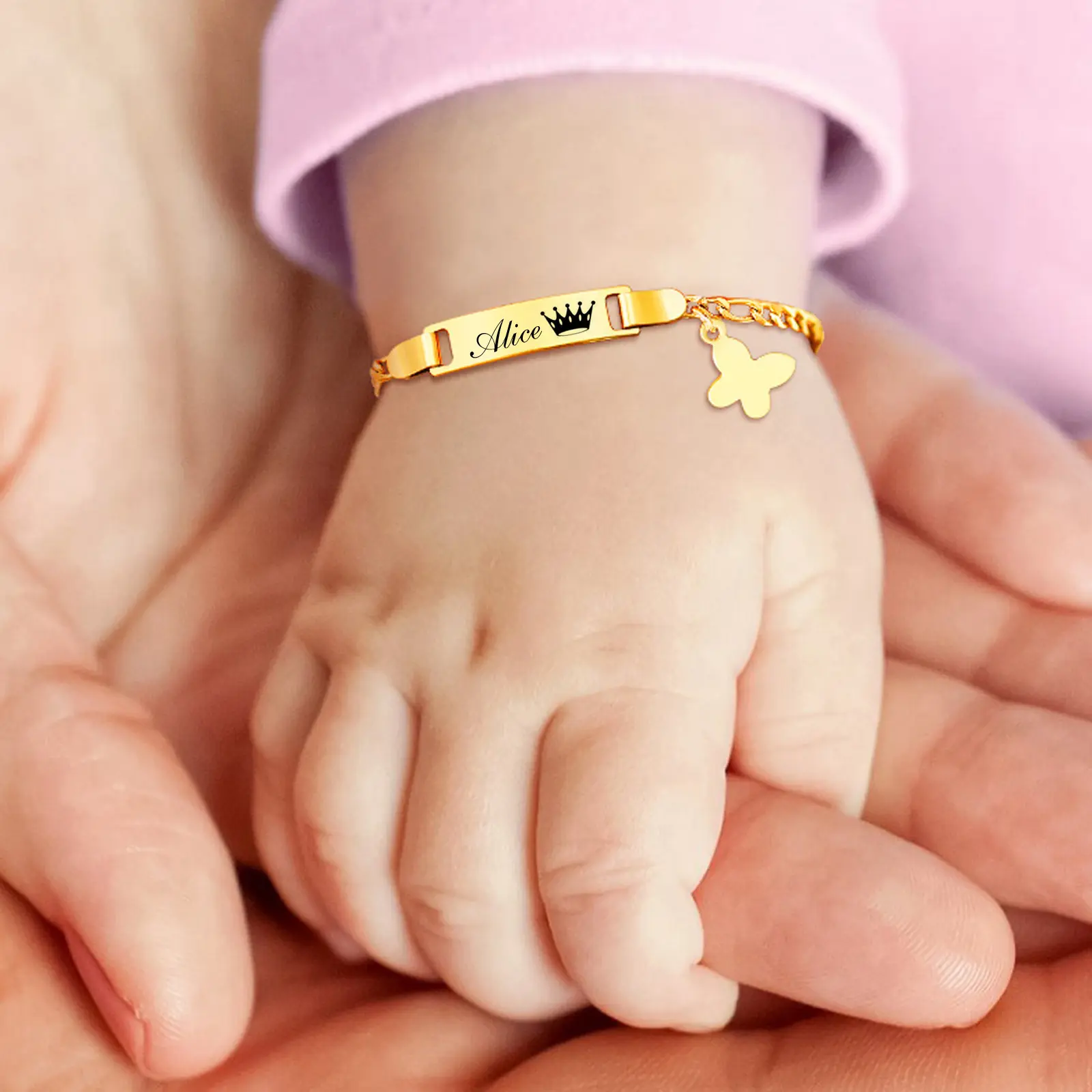 Acero inoxidable 18K chapado en oro bebé niños pulsera personalizado grabado nombre barra enlace cadena encanto pulsera para niños