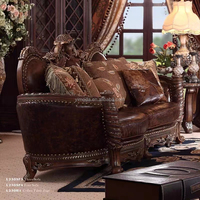 Ensemble de canapés classiques de luxe en bois sculpté de style américain, canapé en cuir marron sculpté, canapé de villa américain antique