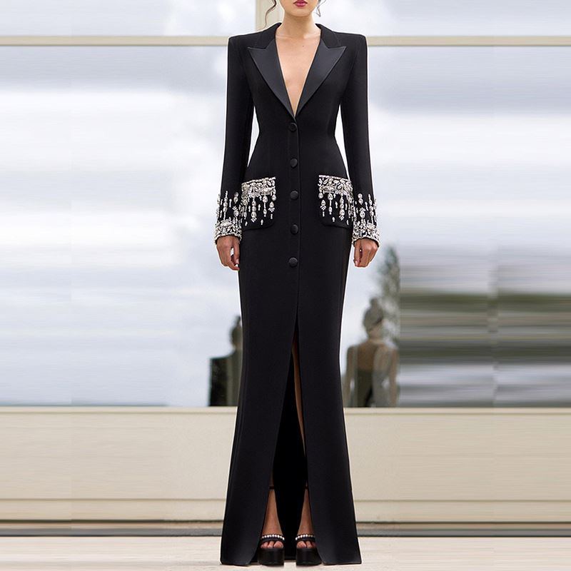 In Stock 2024 European and American Star Fashion Heavy Industry Beads  Diamond Tailored Collar Dress Fishtail Dress| Alibaba.com