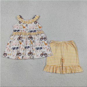 Sibling Baby Girls Sleeveless Pigs Cows Tunic Ruffle Short Farm <b>Clothes</b> Set Rompers - Product Image 5