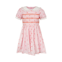 Vestidos para niñas, rosa a cuadros, con lazo rojo, cuello Peter Pan, corpiño con smock hecho a mano, manga abullonada, corte en A, para Pascua o iglesia