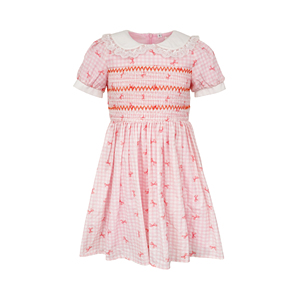 Abiti da <span class=keywords><strong>bambina</strong></span> rosa a quadretti con fiocco rosso, stampa, colletto Peter Pan in pizzo, corpetto smockato a mano, maniche a sbuffo, linea ad A, per Pasqua e Chiesa - Product Image 2