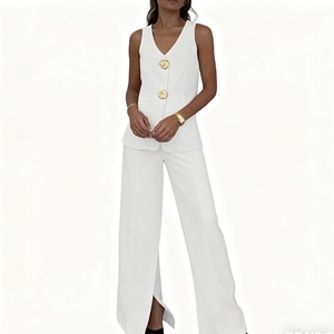 ชุดเซ็ต 2 ชิ้น เสื้อกั๊กคอวีสีพื้นเรียบหรูสำหรับผู้หญิง และกางเกงขายาวเอวสูงทรงขากว้าง สไตล์ลำลอง แฟชั่น - Product Image 3