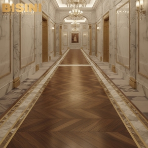 Parquet Chevron en Noyer de Luxe de Qualité Muséale avec Bordure en Marbre Blanc et Liseré en Laiton Façonné à la Main - Product Image 3