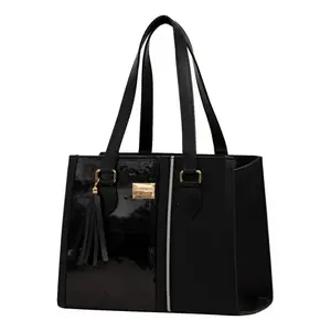 Bolso Tote de Mezclilla Casual para Mujer Fana Cora Negro Espectacular M3850 de Gran Capacidad con Patrón Geométrico de Cuadros y Estampado de Paja con Tres Solapas - Product Image 3