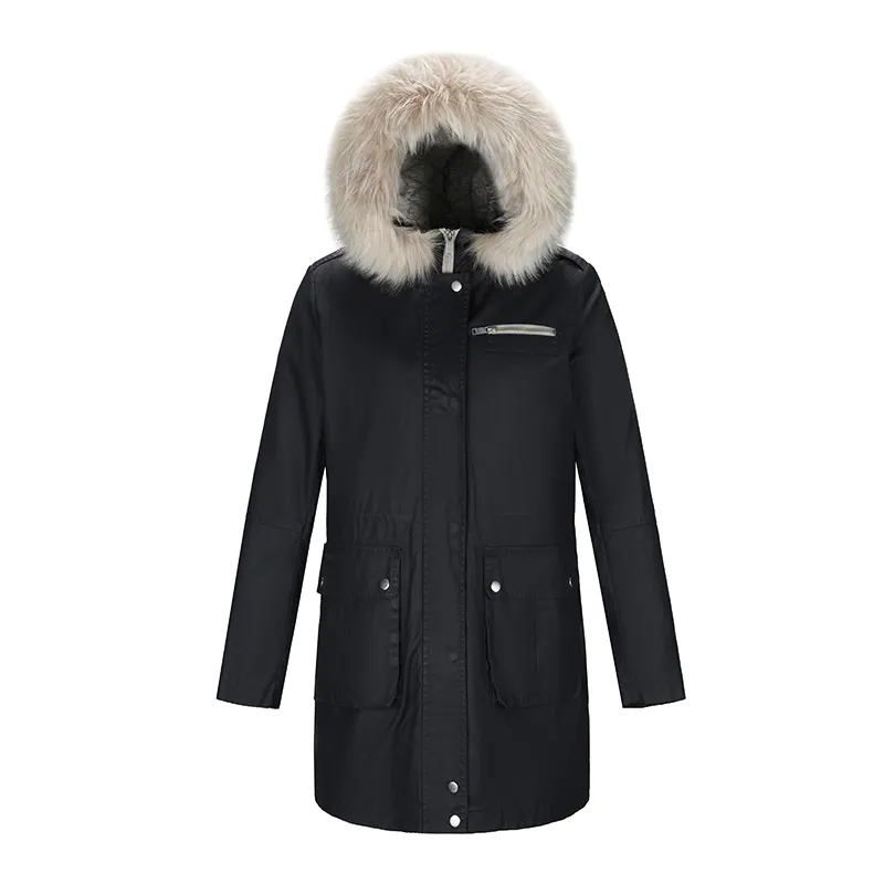 Women Thicken Cotton Coat With Drawstring Detachable Lining And Fur Trim Long Waterproof Parka