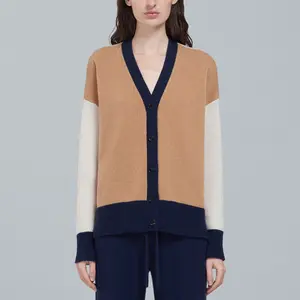 Cardigan colorblock da donna con logo personalizzato all'ingrosso invernale in lana a manica lunga