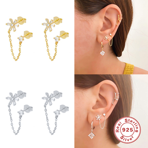 Pendientes de Plata de Ley S925 con Borla de Cadena de Flores Geométricas y Diamante Solitario - Product Image 5
