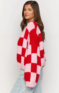 Suéter Cárdigan de Punto Grueso con Botones y Bordado <span class=keywords><strong>a</strong></span> Cuadros Rosa y Rojo, Estilo Americano Informal de Invierno para Mujer, Venta al Por Mayor - Product Image 4