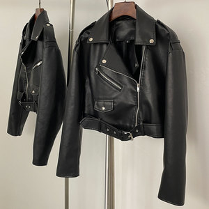 <span class=keywords><strong>Giacca</strong></span> corta Vintage da donna ampia in finta pelle sintetica con cintura <span class=keywords><strong>giacca</strong></span> da <span class=keywords><strong>Moto</strong></span> da donna con cerniera retrò <span class=keywords><strong>Moto</strong></span> cappotto da motociclista - Product Image 4