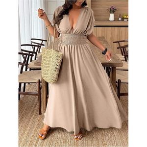 Vestido Maxi de Talla Grande para Mujer, Cuello en V Profundo, Manga Dolman, Corte en A, Fluido, para Vacaciones de Verano - Product Image 4