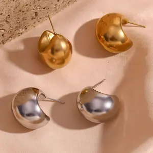 G2496 Groothandel Pendientes De Moda 316l Roestvrij Staal 18K Pvd Vergulde Chunky Holle Maan Hoepel Oorknopjes Sieraden