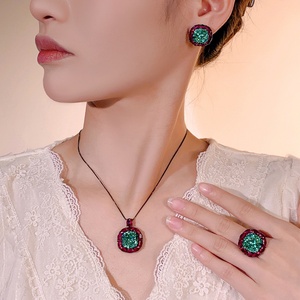 Fashion Eco-friendly Copper Wedding Jewelry Emerald Necklace <b>Set</b> 14*14-12*12mm Green Cubic Zirconia Square <b>Earrings</b> Rings <b>Set</b> - Product Image 5
