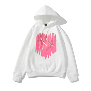 Custom Logo <b>Pink</b> Heart Graphic Hoodie White Heavyweight Streetwear <b>Sweatshirt</b> Wholesale Men Puff Print Pullover Drop Shoulder - Product Image 3