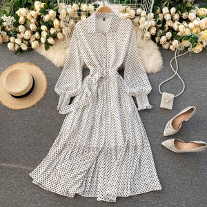 Vestidos Vintage de Diseñador Otoño 2026 para Mujer, Nueva Colección <span class=keywords><strong>en</strong></span> Oferta, Vestido de Gasa con Estampado de Puntos, Plisado, Manga Larga, Botones Decorativos - Product Image 5