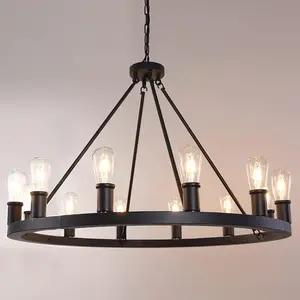 American country villa style restoring ancient ways Black 12 Lights Wagon Wheel candle Large Pendant lamp