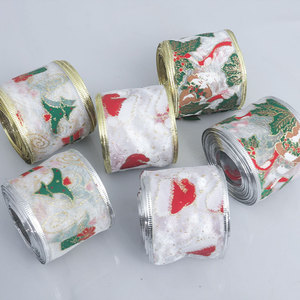 Pita Organza Berbahan Kawat dengan Cetakan Foil Natal, Pinggiran Emas Perak, untuk Dekorasi Pohon Natal, Kotak Hadiah, dan Pembuatan Pita Dekoratif - Product Image 2