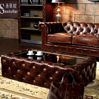 Table basse rustique de luxe écologique avec plateau en cuir véritable, base en acier inoxydable, construction en bois massif et capitonnage