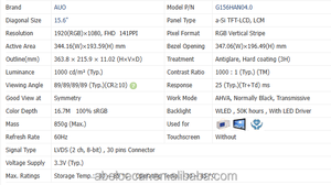 Panel LCD Industrial G156HAN04.0 de 15.6 Pulgadas, 1920x1080, 1000nits, IPS, LVDS, con Retroiluminación WLED - Product Image 2
