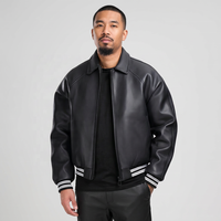 Blouson Bomber Homme Noir en Cuir PU Col Montant Fermeture Éclair Couleur Unie Style Décontracté Hiver Coupe Droite Coupe-Vent Haute Protection
