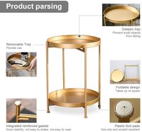 Table d'appoint ronde moderne à 2 niveaux en métal doré, table de chevet de luxe avec plateau pour salon, canapé, chambre à coucher