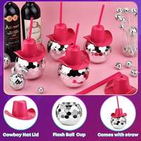 Chapeau de cowboy disco blanc, gobelets de fête avec pailles, années 70, paillettes miroir, verre à cocktail, jus, matière plastique, paillettes disco pour bal