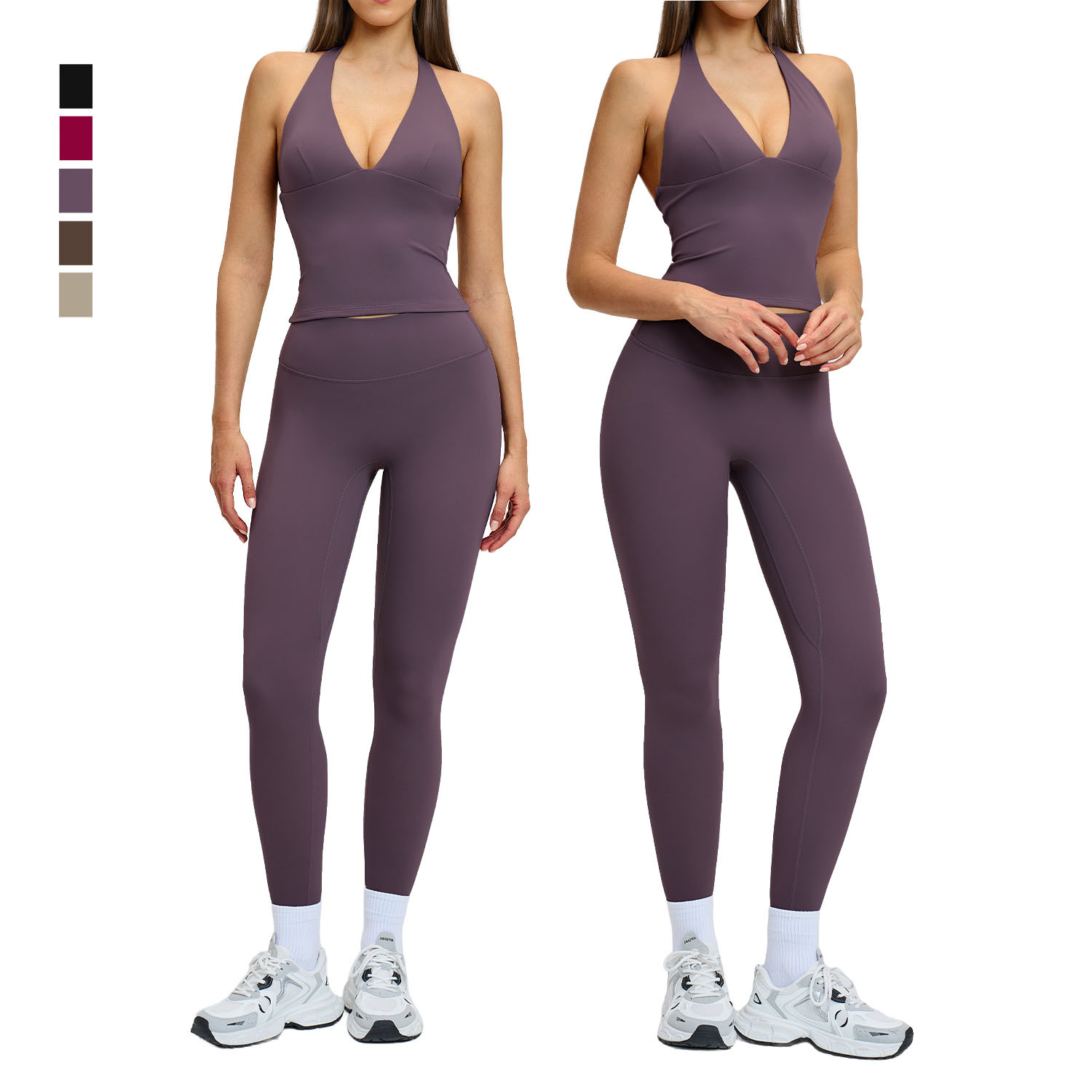 Women Solid Breathable Halter V Neck Gym Tank Top 2-Piece Set Quick Dry Elastic High Waist Tummy Control Yoga Leggings