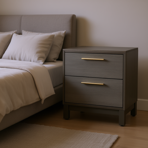 Table de chevet contemporaine à 2 tiroirs, plateau en bois gris antique, structure en métal, poignées en laiton, meubles de chambre à coucher - Product Image 2