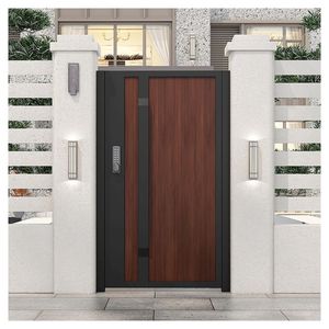 <span class=keywords><strong>Porte</strong></span> battante moderne en fer forgé <span class=keywords><strong>avec</strong></span> accents en feuille d'or, intégration de piliers en pierre, entrée principale de villa et d'hôtel de luxe - Product Image 1