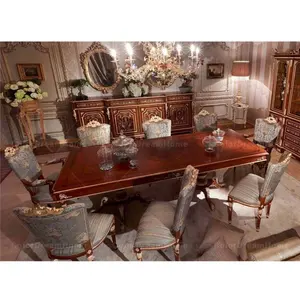 High quality antique dining table set French solid wood gold leaf carved dining table with 8 chairs