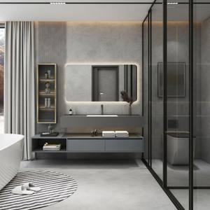 Meuble de salle de bain mural de style hôtel de luxe léger, avec lavabo en dalle de roche double couche sans joint et grande capacité de rangement - Product Image 4