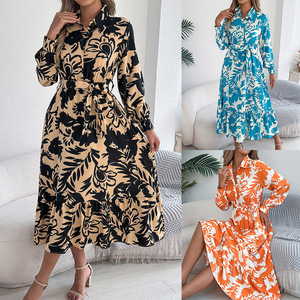 Primavera y <span class=keywords><strong>verano</strong></span> Ocio Flores Camisa de manga larga Falda Vestido con volantes Ropa de mujer - Product Image 1