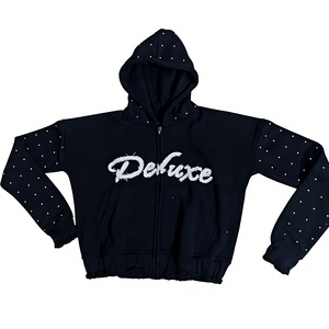 Ensemble de survêtement polaire personnalisé pour femme, avec sweat à capuche zippé intégral effet vieilli et pantalon de jogging, vêtements de sport décontractés avec logo en strass - Product Image 4
