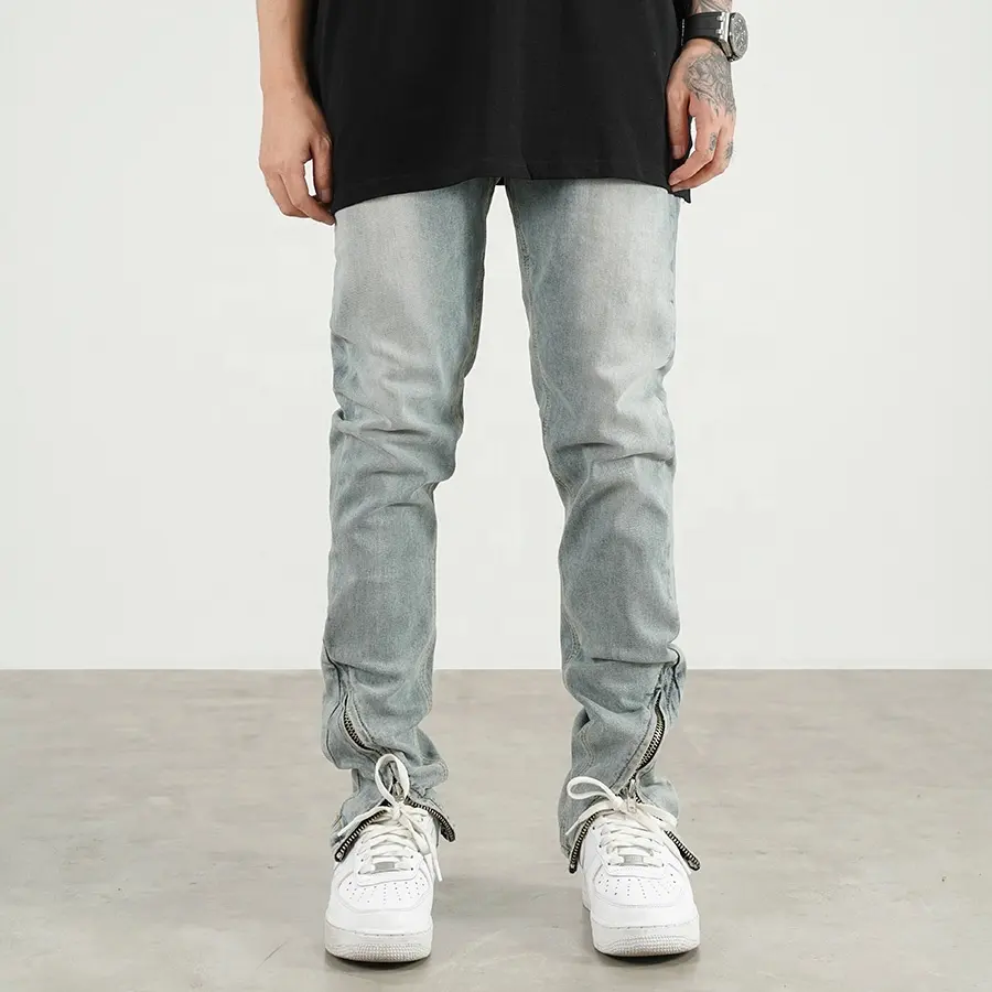 Stylish look men designer jeans dropship stock bottom zip blue jeans for men