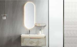 Mueble de Baño Moderno Beige Acanalado con Gabinetes Abiertos Grises, Conjuntos de Muebles de Baño al por Mayor con Lavabo y Grifo - Product Image 5