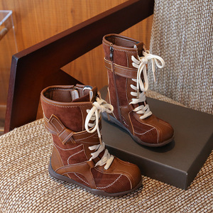 Children's Wholesale Snow Winter Warm Shoes Leather Winter Boots Girl Kid Lace up Snow Boots - Product Image 1