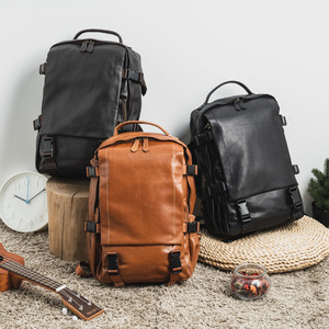 Men's Leather <b>Backpack</b> 36-55L Waterproof Solid Color Leisure Travel <b>Backpack</b> With Interior Zipper Pocket - Product Image 2