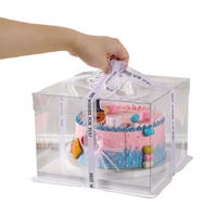 Kotak Kue Ulang Tahun Sekali Pakai Transparan dengan Logo Custom, Ukuran 12, 10, 8, 6, 4 inci, Tinggi Ganda, Persegi, Food Grade PET, untuk Sushi, Mie, Jus